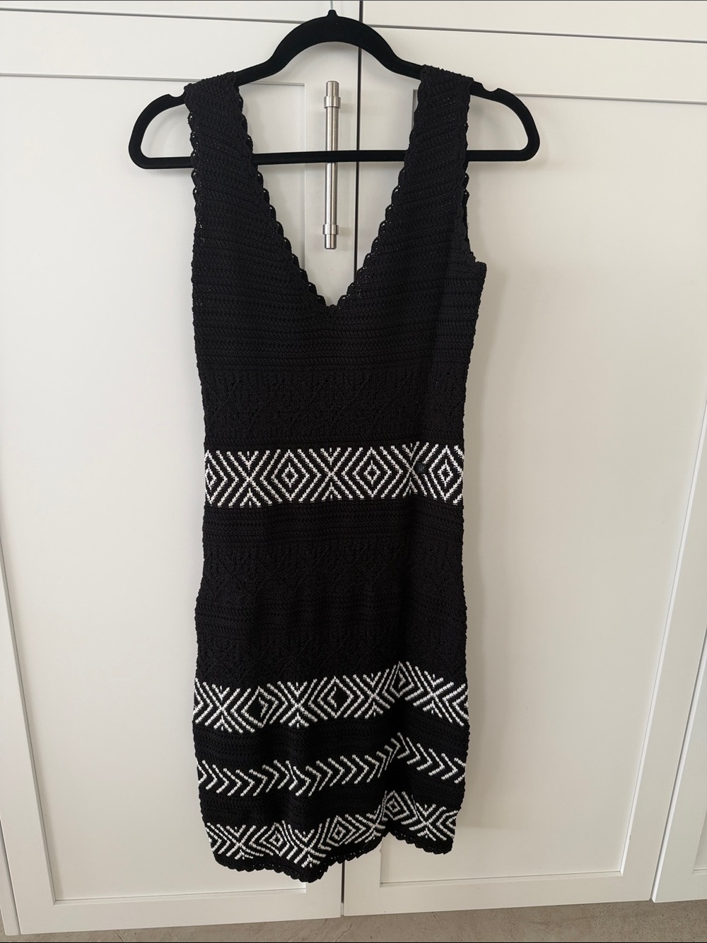 Carolina Herrera Black Crochet Mini Dress with White Geometric Bands
